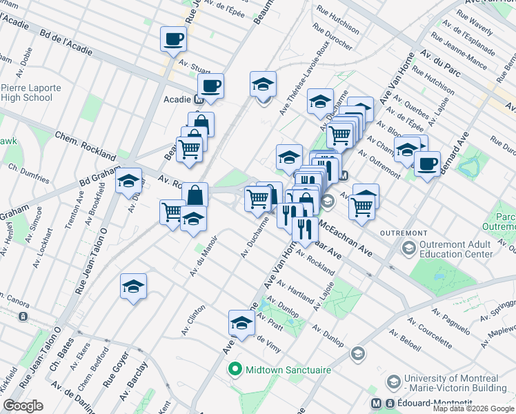 map of restaurants, bars, coffee shops, grocery stores, and more near 930 Avenue Davaar in Montréal