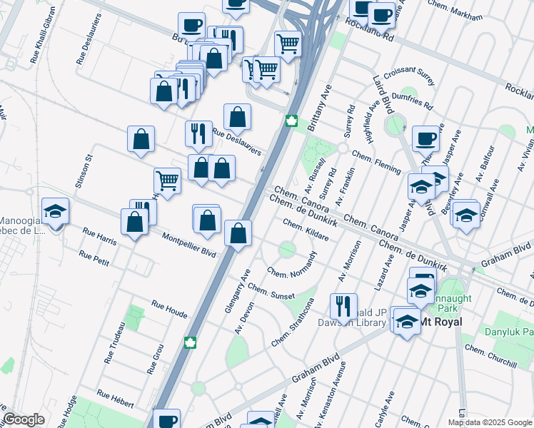 map of restaurants, bars, coffee shops, grocery stores, and more near in Mount Royal