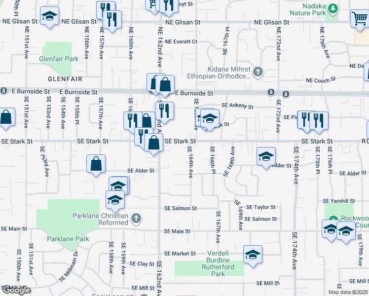map of restaurants, bars, coffee shops, grocery stores, and more near 16360 Southeast Stark Street in Portland
