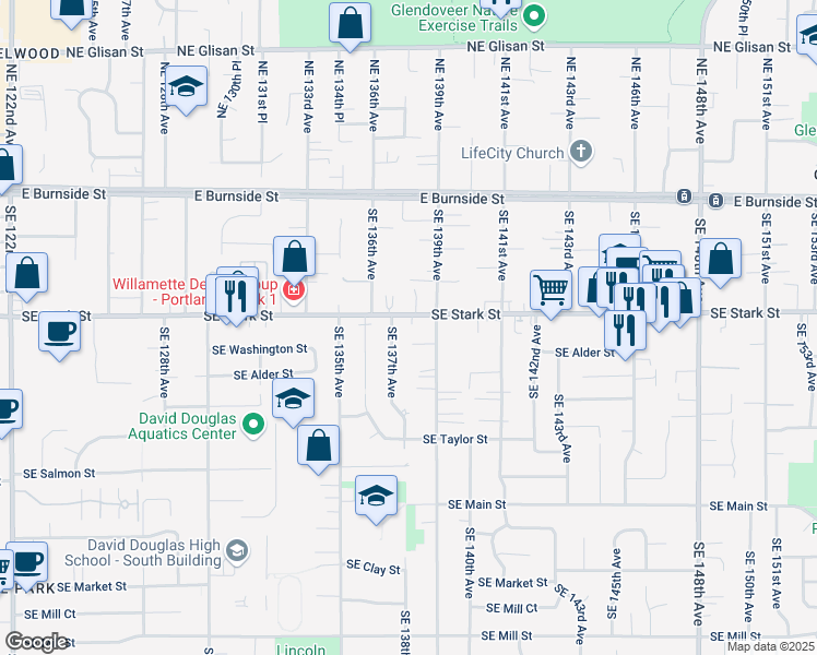 map of restaurants, bars, coffee shops, grocery stores, and more near 13730 Southeast Stark Street in Portland