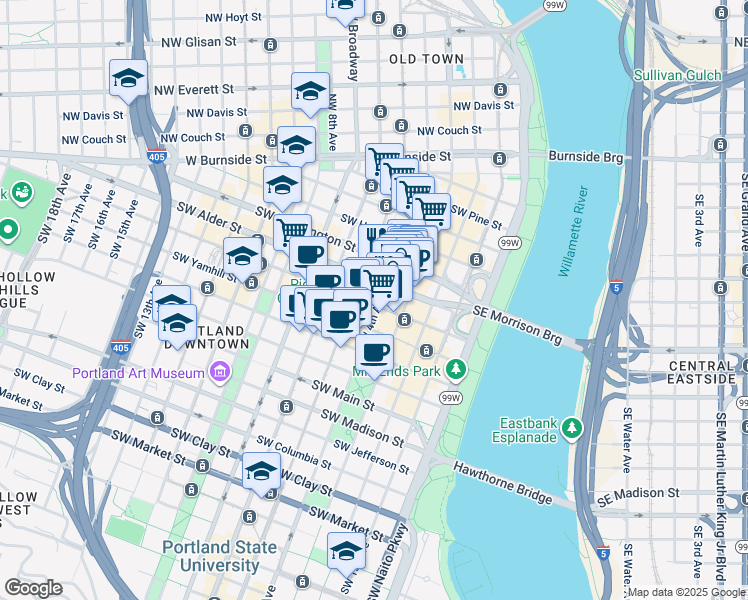 map of restaurants, bars, coffee shops, grocery stores, and more near 320 Southwest Alder Street in Portland