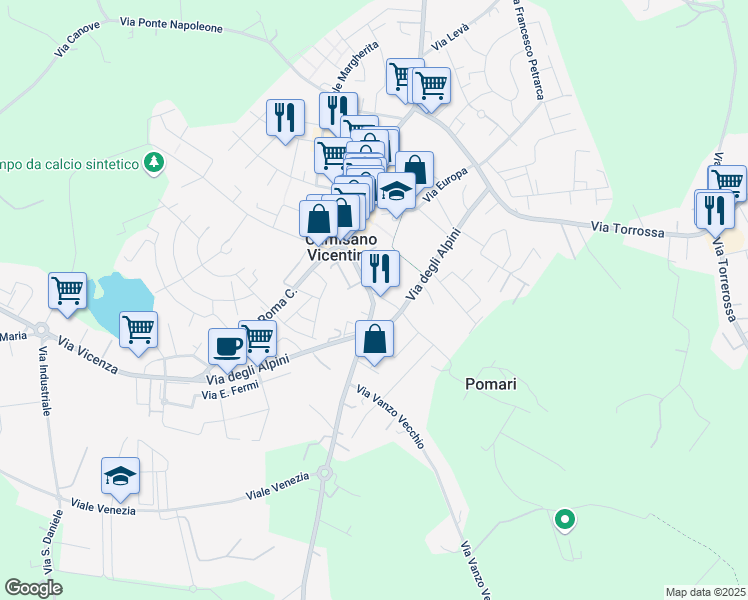 map of restaurants, bars, coffee shops, grocery stores, and more near 18 Via Giuseppe Garibaldi in Camisano Vicentino