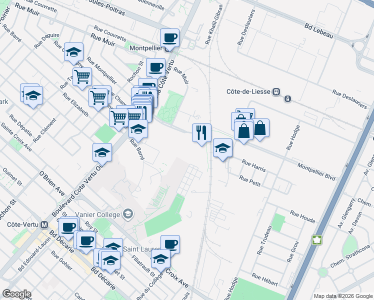 map of restaurants, bars, coffee shops, grocery stores, and more near 730 Montpellier Boulevard in Montreal