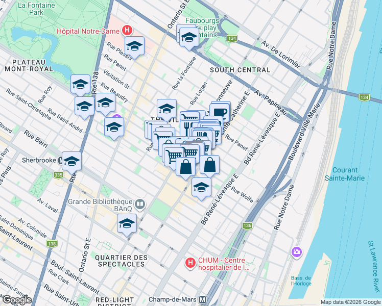 map of restaurants, bars, coffee shops, grocery stores, and more near 1474 Rue Montcalm in Montréal
