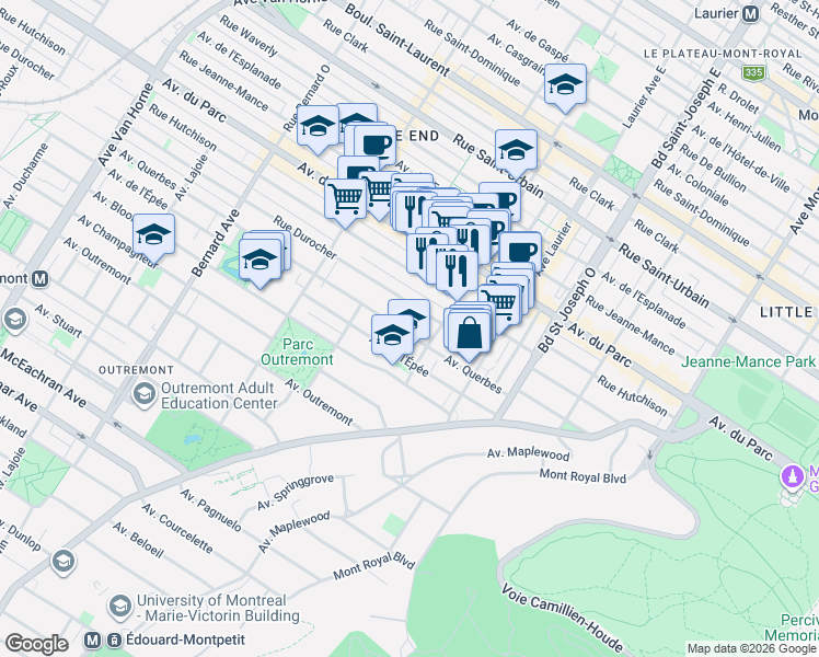 map of restaurants, bars, coffee shops, grocery stores, and more near in Montreal