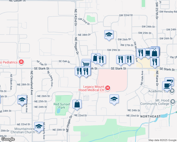 map of restaurants, bars, coffee shops, grocery stores, and more near 24310-24416 Southeast Stark Street in Gresham