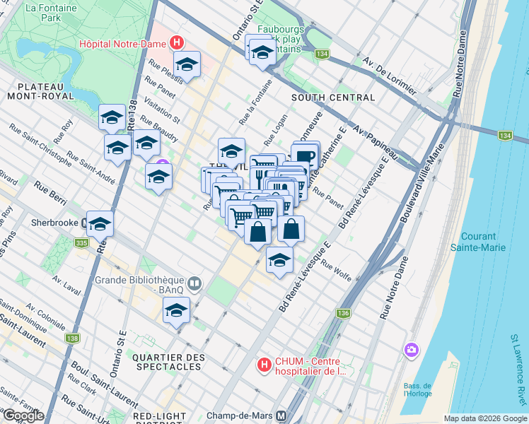 map of restaurants, bars, coffee shops, grocery stores, and more near 1474 Rue Montcalm in Montréal