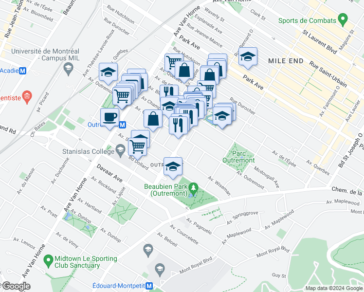 map of restaurants, bars, coffee shops, grocery stores, and more near 1320 Avenue Bernard in Montréal