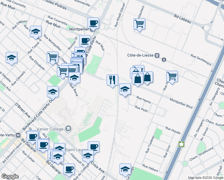 map of restaurants, bars, coffee shops, grocery stores, and more near 720 Montpellier Boulevard in Montreal
