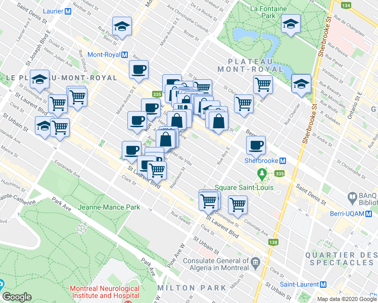 map of restaurants, bars, coffee shops, grocery stores, and more near 3949 Avenue Laval in Montreal