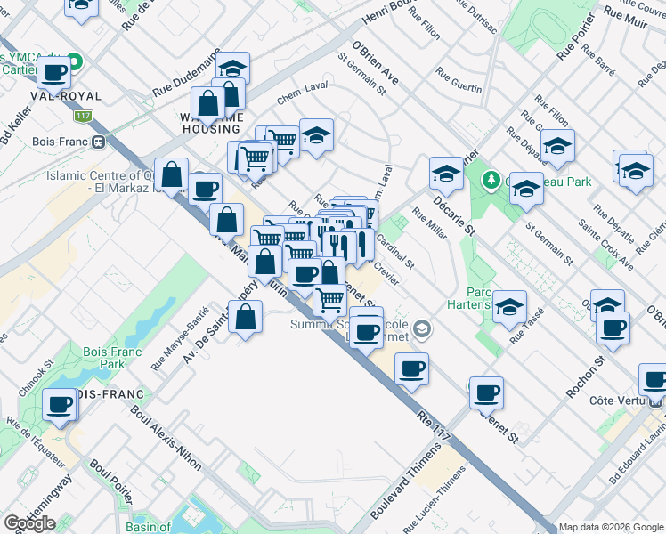 map of restaurants, bars, coffee shops, grocery stores, and more near 2626 Rue Poirier in Montréal