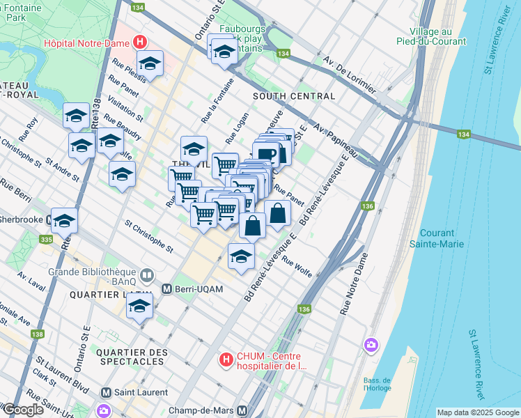 map of restaurants, bars, coffee shops, grocery stores, and more near 1250 Rue Sainte-Catherine Est in Montréal