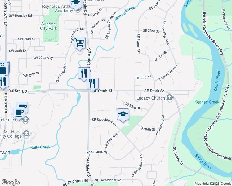map of restaurants, bars, coffee shops, grocery stores, and more near 3131 Southeast Stott Circle in Troutdale