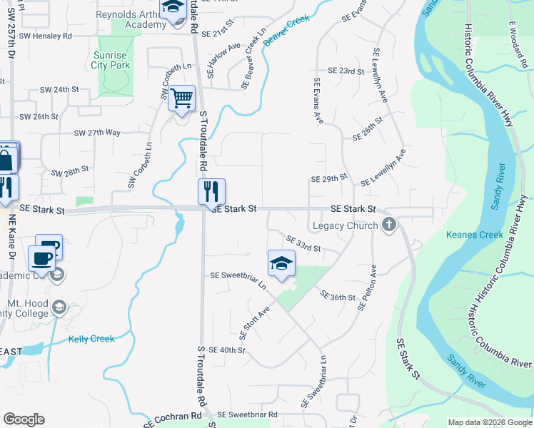 map of restaurants, bars, coffee shops, grocery stores, and more near 3131 Southeast Stott Circle in Troutdale