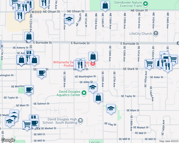 map of restaurants, bars, coffee shops, grocery stores, and more near 13208 Southeast Stark Street in Portland