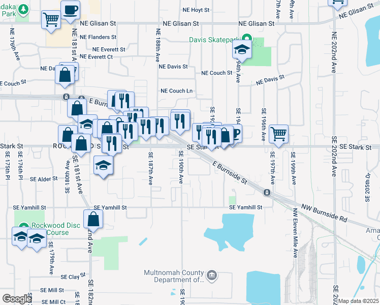 map of restaurants, bars, coffee shops, grocery stores, and more near 19026 East Burnside Street in Portland