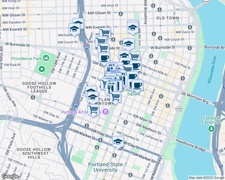 map of restaurants, bars, coffee shops, grocery stores, and more near in Portland
