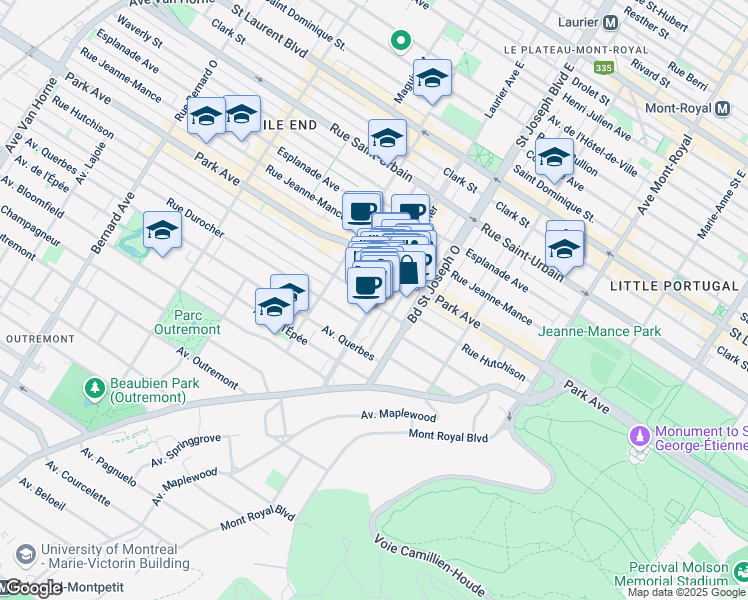 map of restaurants, bars, coffee shops, grocery stores, and more near 397 Avenue Laurier Ouest in Montreal