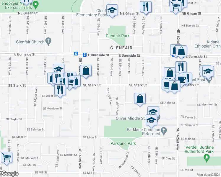 map of restaurants, bars, coffee shops, grocery stores, and more near 15220 Southeast Stark Street in Portland