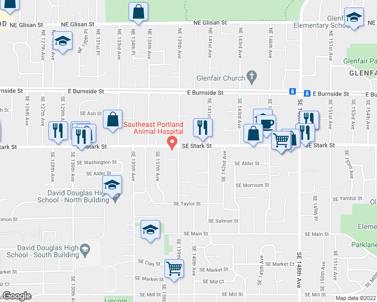 map of restaurants, bars, coffee shops, grocery stores, and more near 13932 Southeast Stark Street in Portland