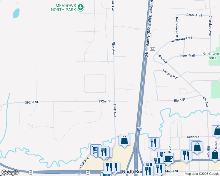 map of restaurants, bars, coffee shops, grocery stores, and more near 5299 Pine Lane in North Branch