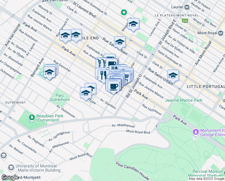 map of restaurants, bars, coffee shops, grocery stores, and more near 1007 Avenue Laurier Ouest in Montréal