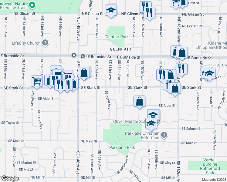 map of restaurants, bars, coffee shops, grocery stores, and more near 15362 Southeast Stark Street in Portland