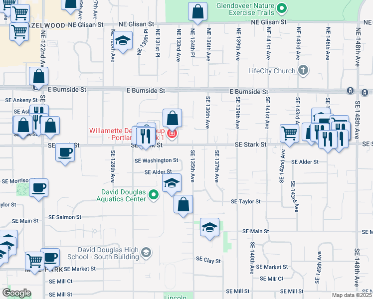 map of restaurants, bars, coffee shops, grocery stores, and more near 13348 Southeast Stark Street in Portland