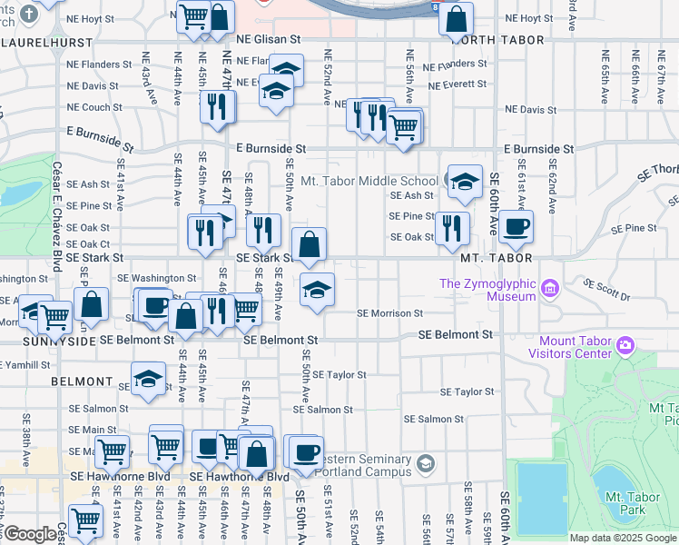 map of restaurants, bars, coffee shops, grocery stores, and more near 5110 Southeast Stark Street in Portland