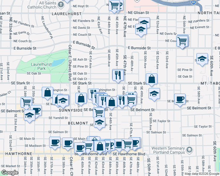 map of restaurants, bars, coffee shops, grocery stores, and more near 516 Southeast 43rd Avenue in Portland
