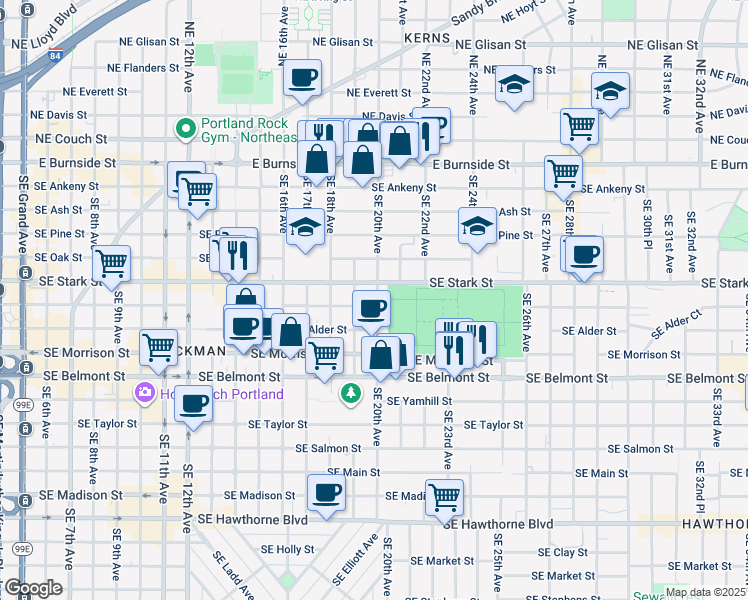 map of restaurants, bars, coffee shops, grocery stores, and more near 519 Southeast 20th Avenue in Portland