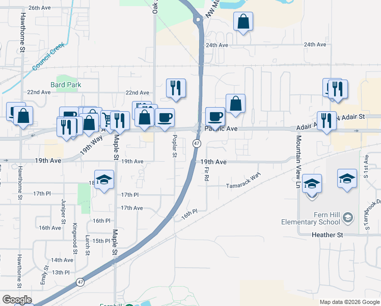 map of restaurants, bars, coffee shops, grocery stores, and more near 3519 19th Place in Forest Grove