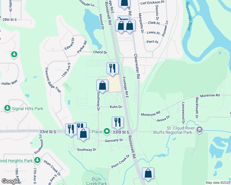 map of restaurants, bars, coffee shops, grocery stores, and more near 1160 Suncrest Drive in St. Cloud
