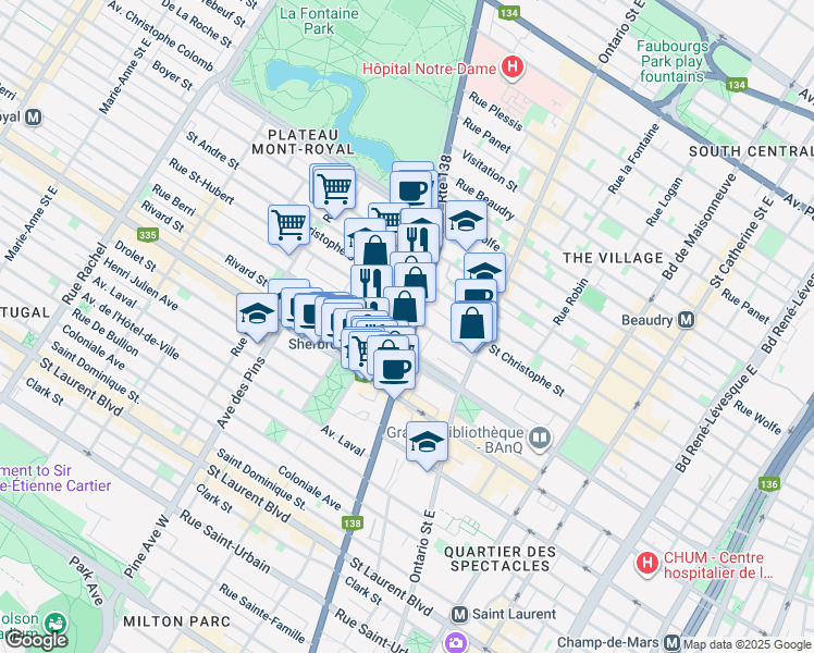 map of restaurants, bars, coffee shops, grocery stores, and more near in Montreal