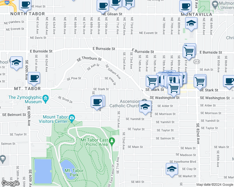 map of restaurants, bars, coffee shops, grocery stores, and more near 523 Southeast 71st Avenue in Portland