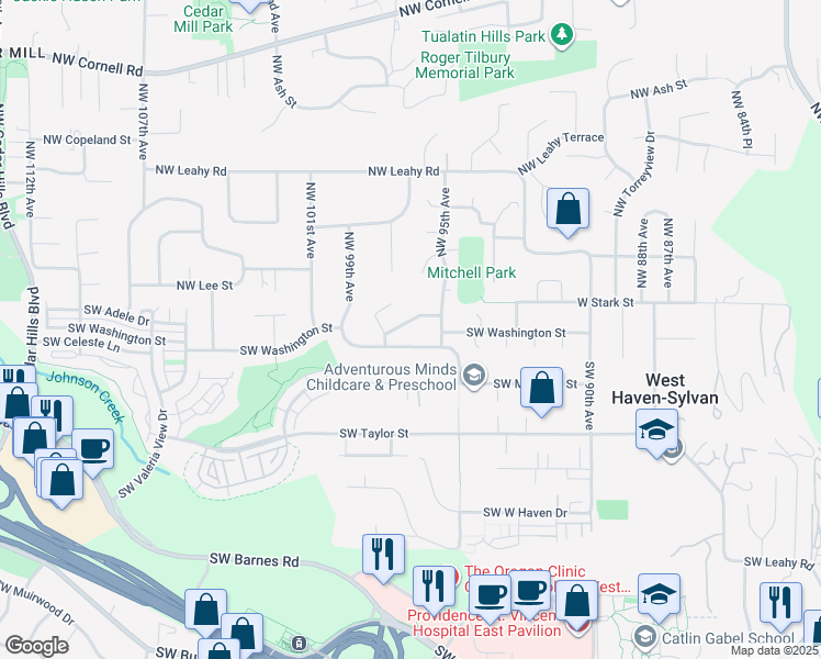 map of restaurants, bars, coffee shops, grocery stores, and more near 9580 Southwest Washington Place in Portland