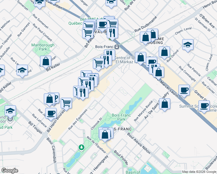 map of restaurants, bars, coffee shops, grocery stores, and more near in Saint-Laurent