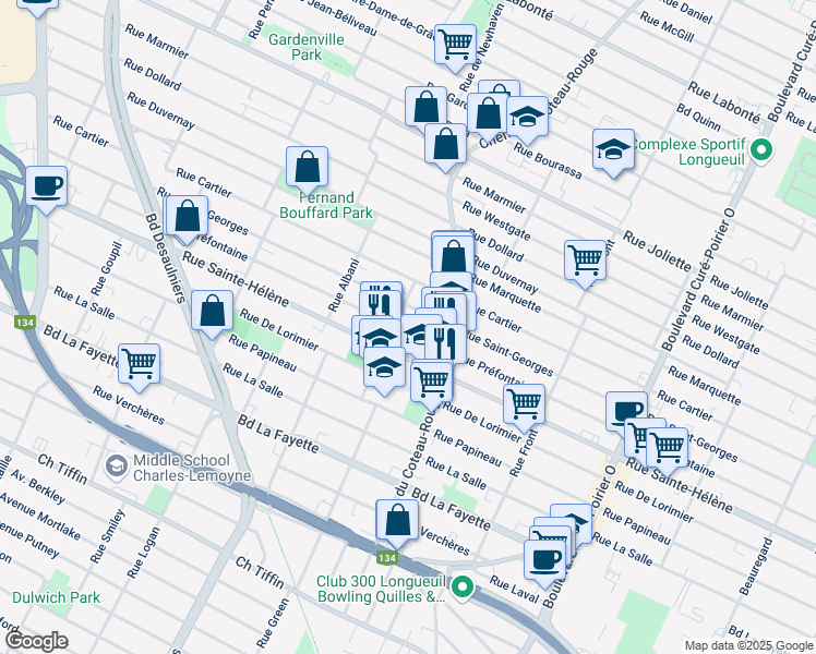 map of restaurants, bars, coffee shops, grocery stores, and more near 1271 Rue Préfontaine in Longueuil
