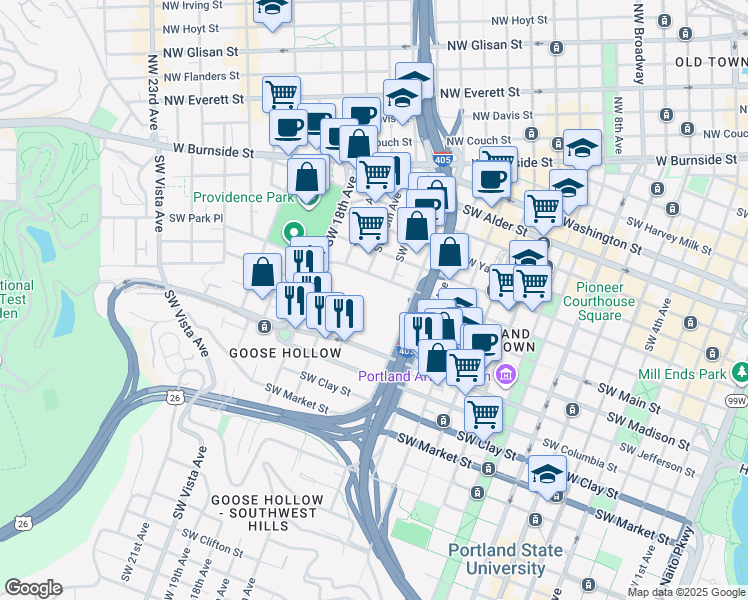 map of restaurants, bars, coffee shops, grocery stores, and more near 1600 Southwest Salmon Street in Portland