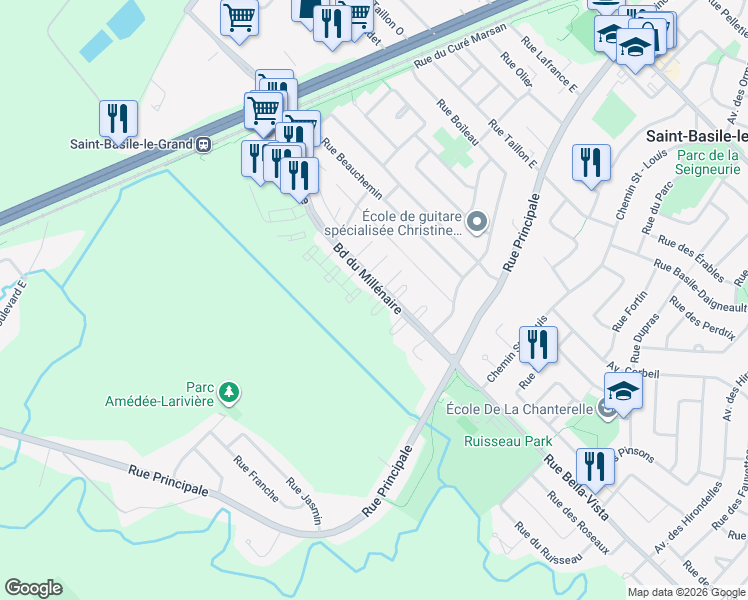 map of restaurants, bars, coffee shops, grocery stores, and more near 1236 Boulevard du Millénaire in Saint-Basile-le-Grand