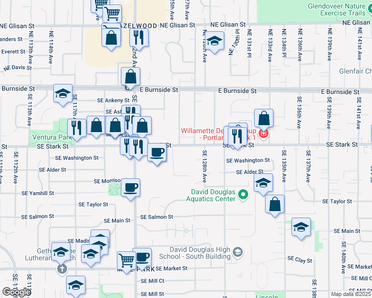 map of restaurants, bars, coffee shops, grocery stores, and more near 12650 Southeast Stark Street in Portland