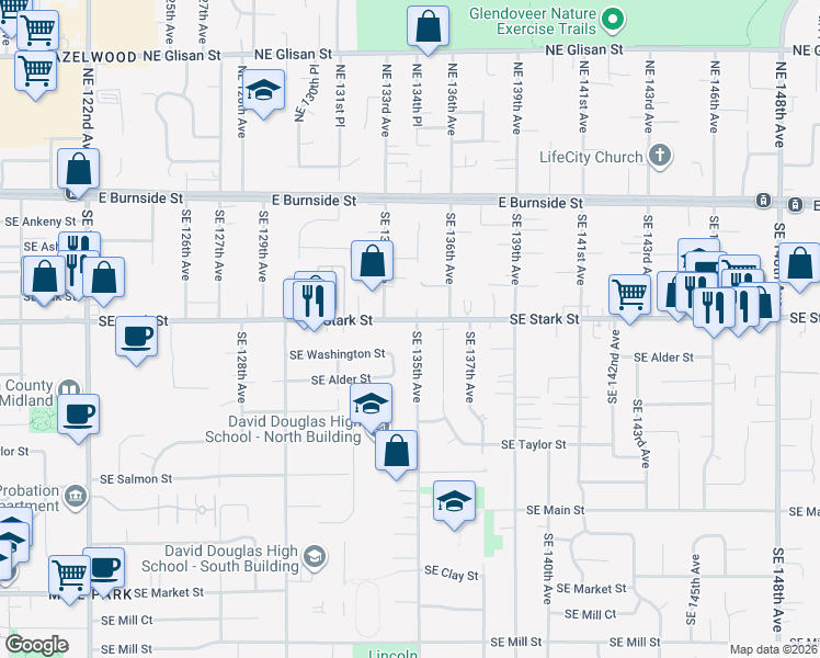 map of restaurants, bars, coffee shops, grocery stores, and more near 13412 Southeast Stark Street in Portland