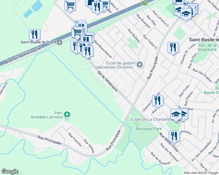 map of restaurants, bars, coffee shops, grocery stores, and more near 1236 Boulevard du Millénaire in Saint-Basile-le-Grand