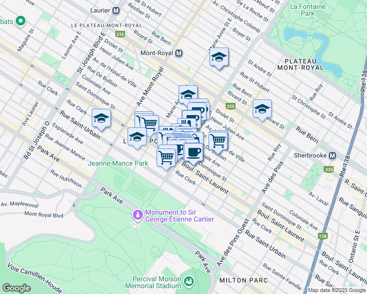 map of restaurants, bars, coffee shops, grocery stores, and more near in Montreal