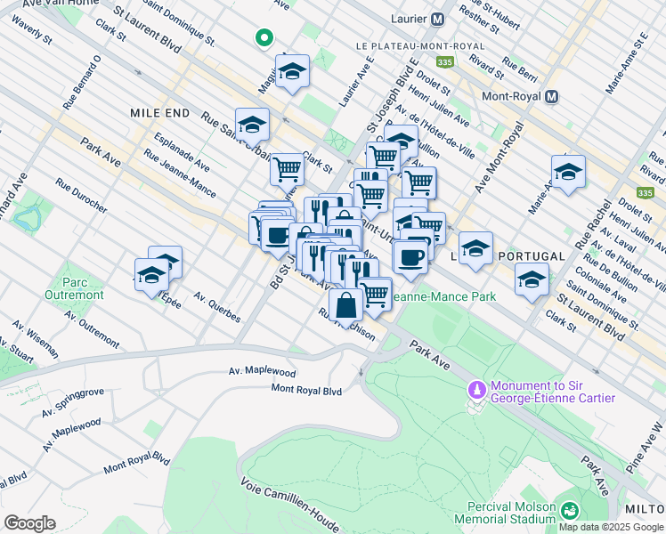 map of restaurants, bars, coffee shops, grocery stores, and more near 257 Rue Villeneuve Ouest in Montréal