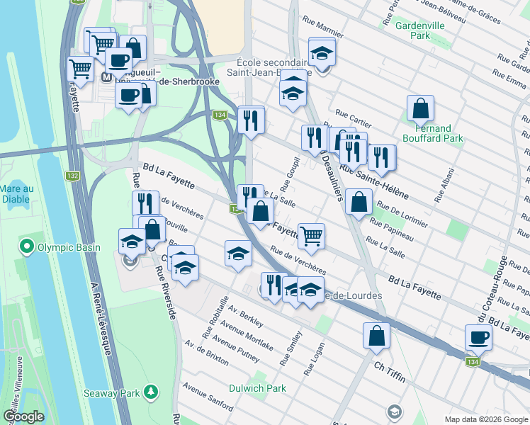 map of restaurants, bars, coffee shops, grocery stores, and more near 459 Boulevard La Fayette in Longueuil