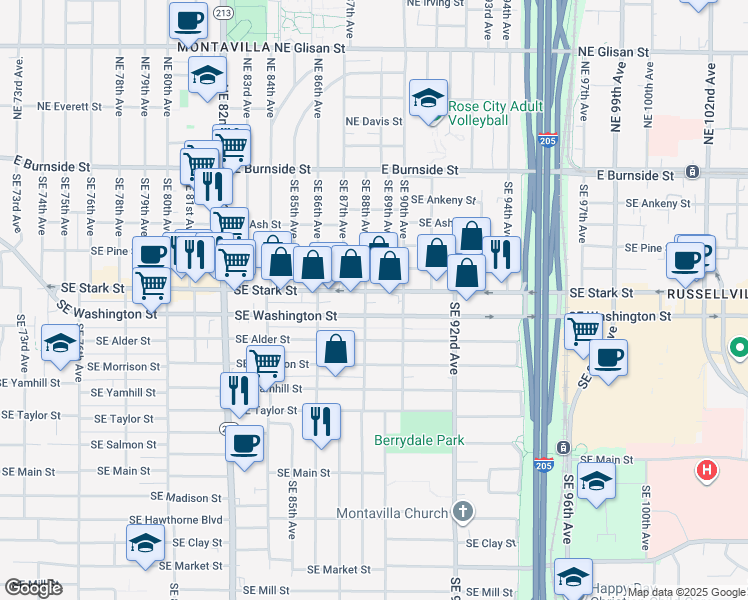 map of restaurants, bars, coffee shops, grocery stores, and more near 8804 Southeast Stark Street in Portland