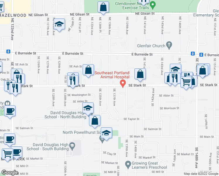 map of restaurants, bars, coffee shops, grocery stores, and more near 524 Southeast 136th Avenue in Portland