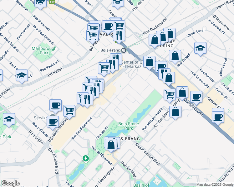 map of restaurants, bars, coffee shops, grocery stores, and more near 2385 Rue des Équinoxes in Montréal