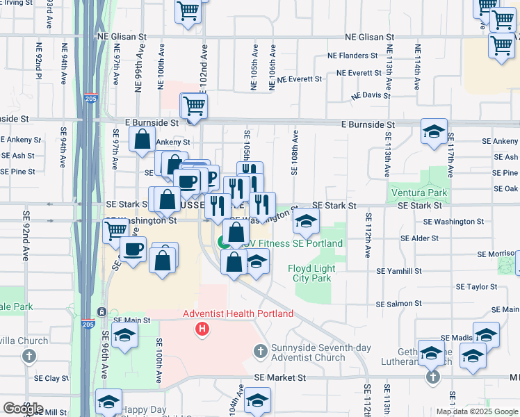 map of restaurants, bars, coffee shops, grocery stores, and more near 10524 Southeast Stark Street in Portland